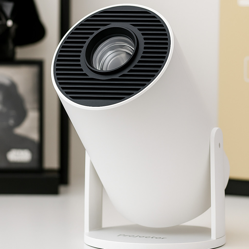 White and black cylindrical speaker on a white surface with a blurred background