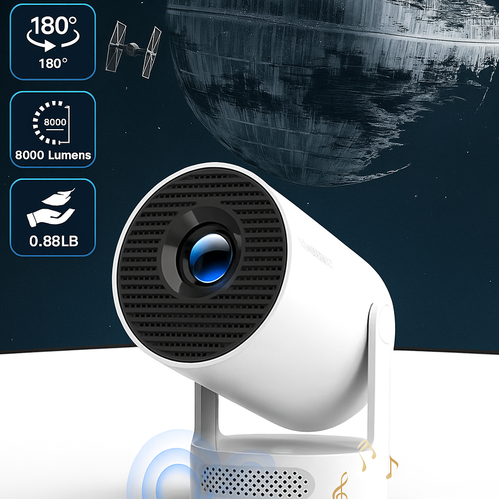 White projector with features highlighted on a dark background with a space-themed design.